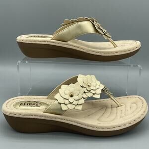 NEW Cliffs by White Mountains Women Content Floral Wedge Sandal Gold Size 8M